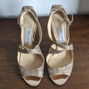 Jimmy Choo Emily 85 Rose Gold Glitter Sandal Heel